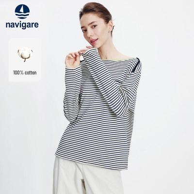 Women's Striped Cotton Long Sleeve Off-Shoulder T-Shirt