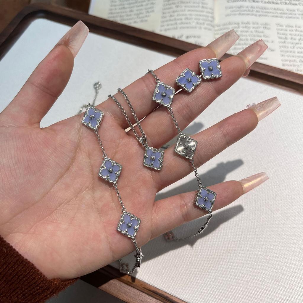 Butcher Brass Small Four-Leaf Clover Purple Chalcedony Pine Necklace Double-Sided Wear Old Money Light Luxury Premium Clavicle Chain