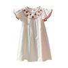 Girls Summer Cotton Dress With Strawberry Embroidery Sweet Cap Sleeve Round Neck Kids Princess Party Casual Sundress