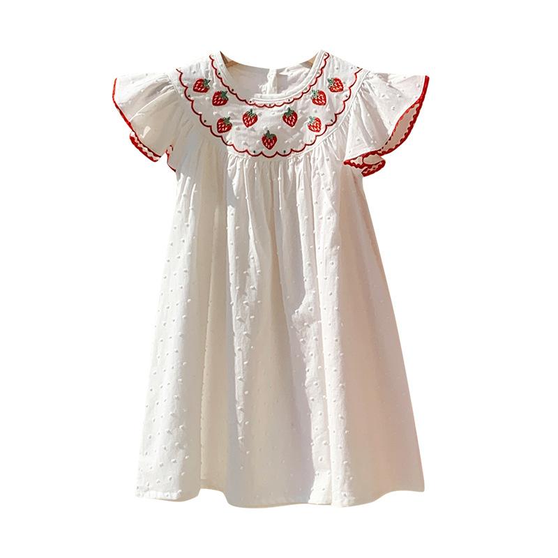 Girls Summer Cotton Dress With Strawberry Embroidery Sweet Cap Sleeve Round Neck Kids Princess Party Casual Sundress