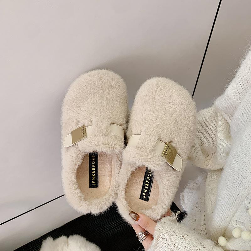 Thick-soled heightening fluffy slippers women's shoes outer wear 2025 new autumn and winter high-end plush cotton slippers