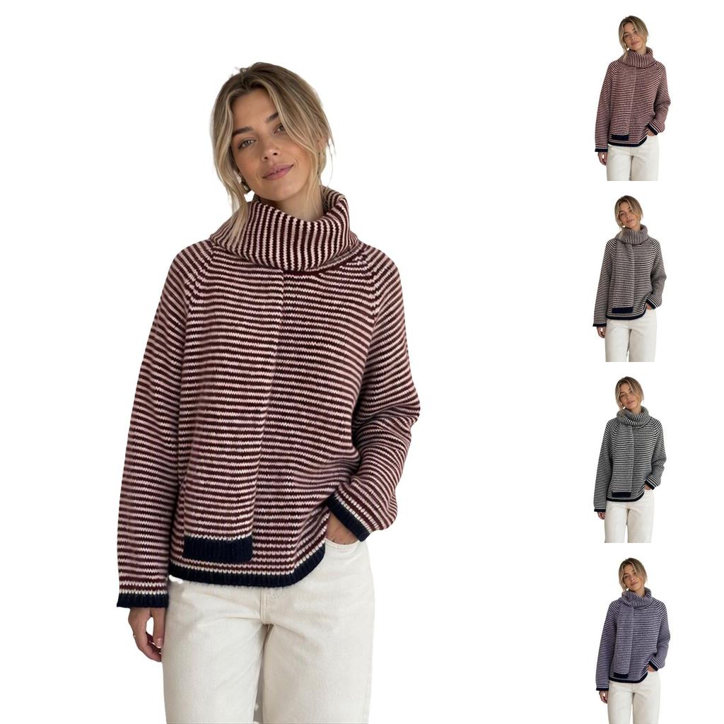Women's Striped Knit Scarf Pullover Sweater, Color Block Casual Top for Fall and Winter