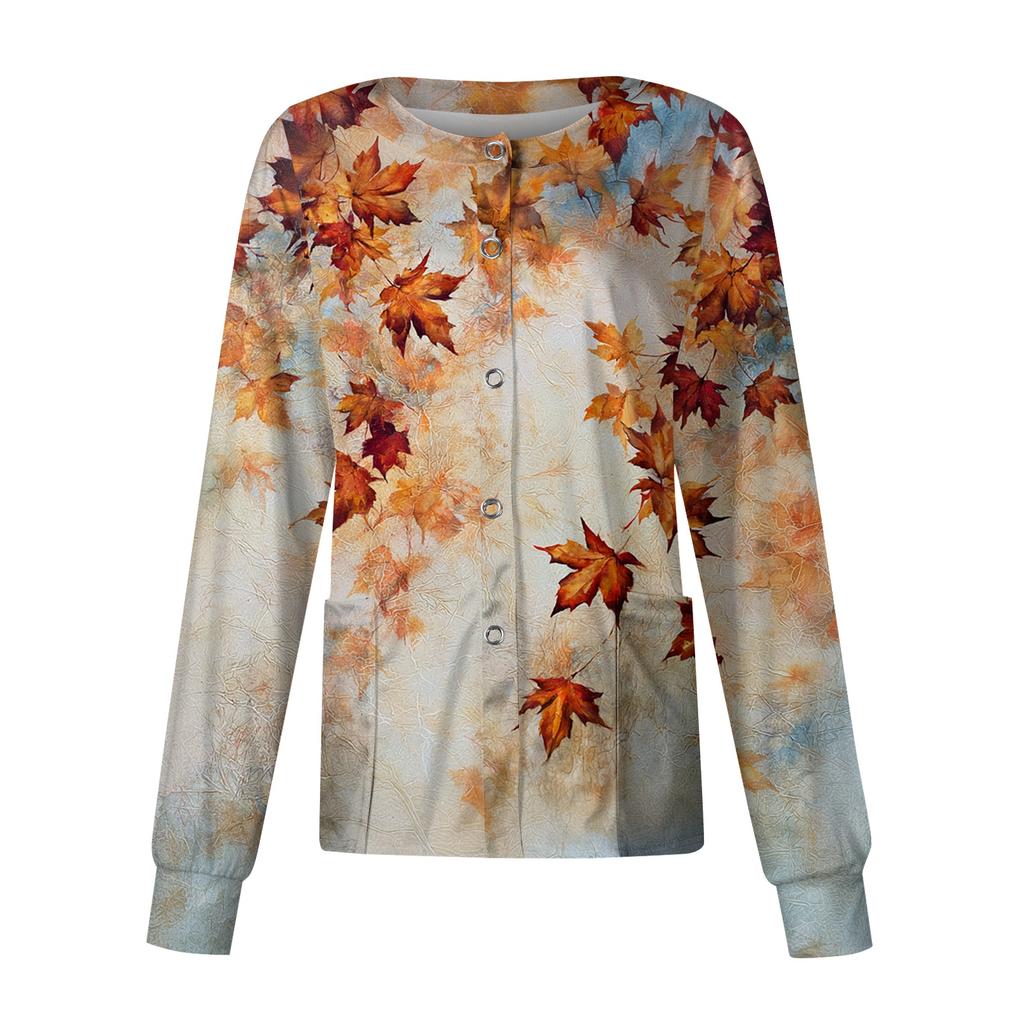 Women's Caregiver Uniform Cardigan Long Sleeve Single Breasted Leaf Print Casual Work Top