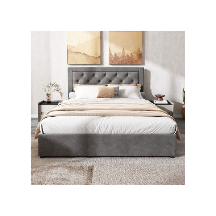 Lit rembourré - MUVOE - 140x200 cm - Gris - Sommier inclus - Espace de rangement optimisé