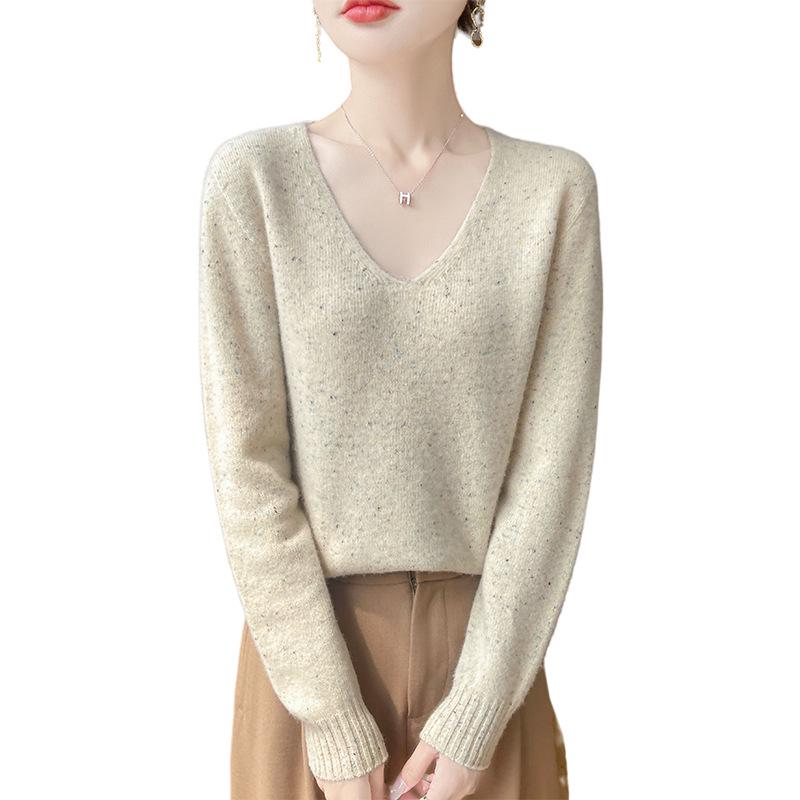 Women's 100% Wool V-Neck Slim Fit Sweater - Thick Knit Pullover for Autumn/Winter