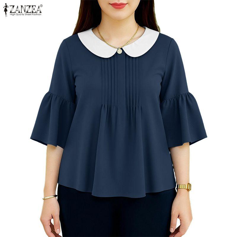 ZANZEA Womens Doll Collar Loose Casual 3/4 Sleeve Blouse