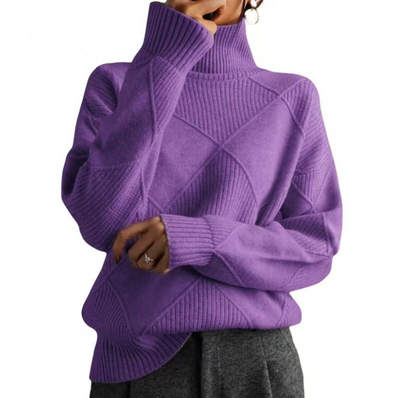 Womens High Neck Knit Sweater Solid Color Rhombus Warm Thick Long Sleeve Pullover