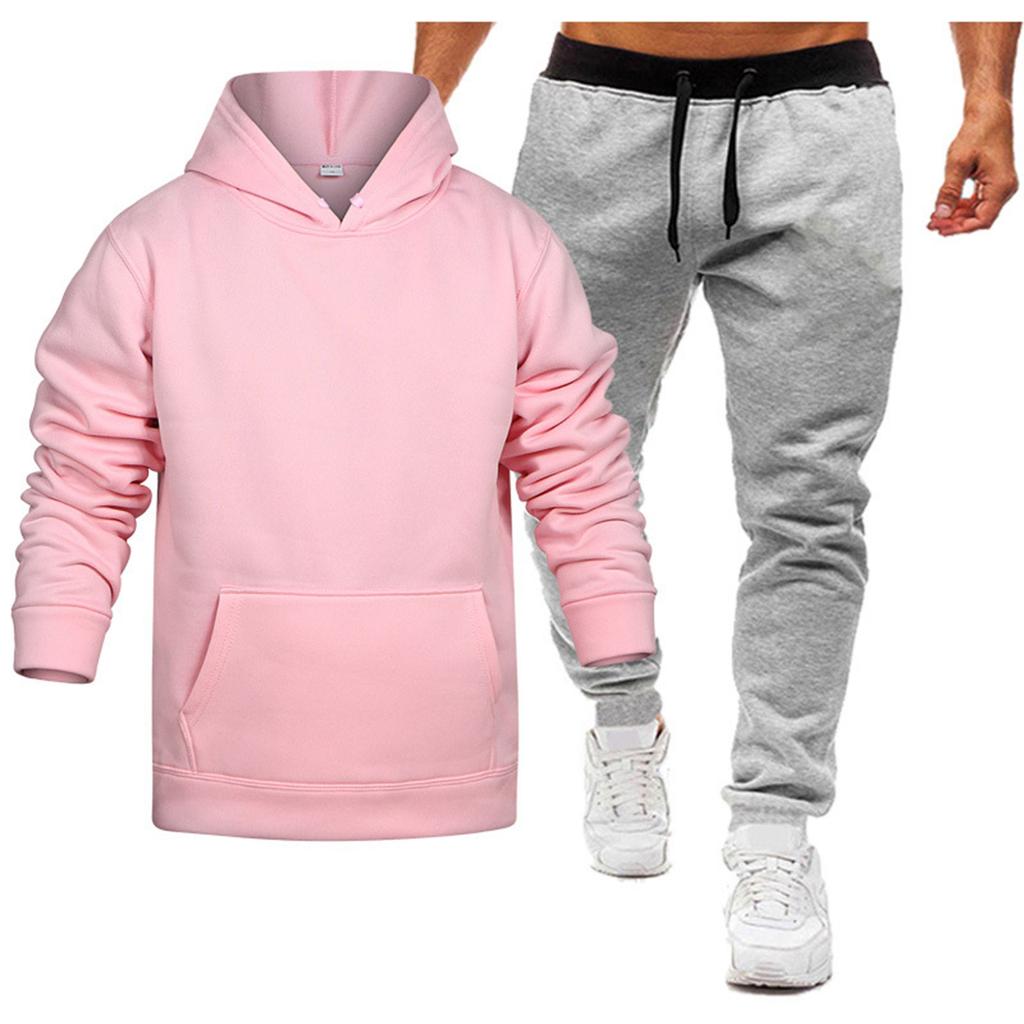 Men's Winter Solid Color Long-Sleeved Hooded Drawstring Sweatshirt And Sweatpants Suit