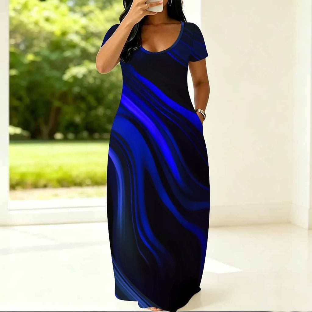 Summer Loose Crew Neck Dress Short Sleeve Plus Size For Ladies Daily Attire