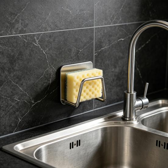 Sponge Rack Rustproof Stainless Steel Sponge Holder with Strong Adhesive No Punch Quick Drain Organizer for Kitchen Sink