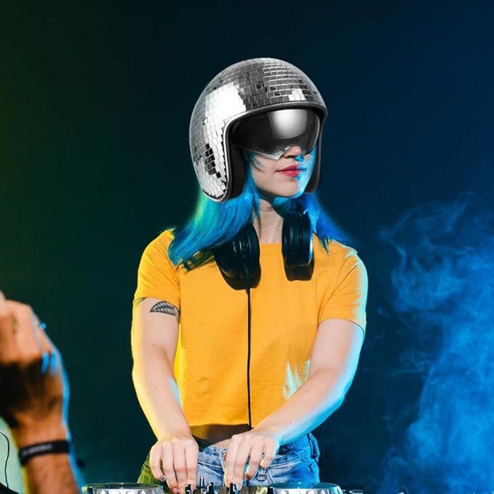 Casque entièrement réfléchissant à paillettes miroir avec visière rabattable rétractable pour événements Rave