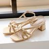 Sandals with 5cm Chunky Heel L [Vivian] Women's Straps, Ribbon, V65104SM, Ivory, (24.0-24.5)
