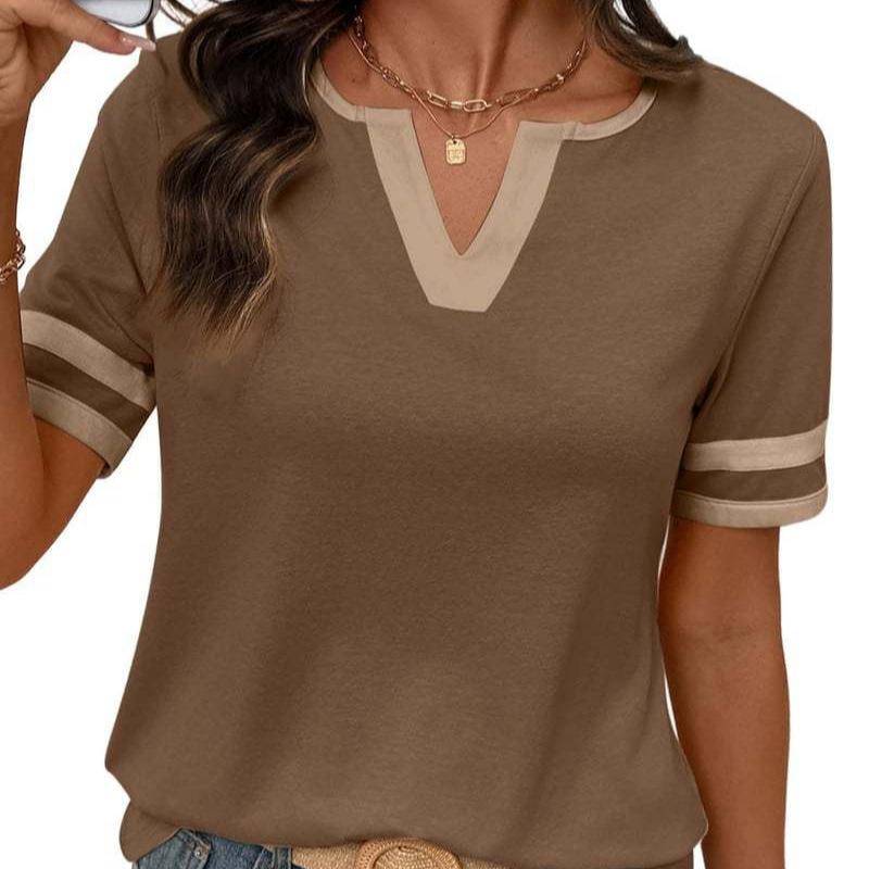 European and American Women's Summer Top V-neck Short-sleeved T-shirt Color Matching Casual T-shirt