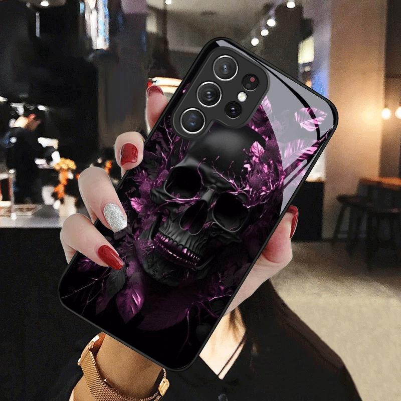 Purple Leaf Skull Pattern Glass Phone Case Suitable for Samsung for Galaxy S26 S25 S24 S22 S21 S20 FE Ultra Plus 5G Anti Drop