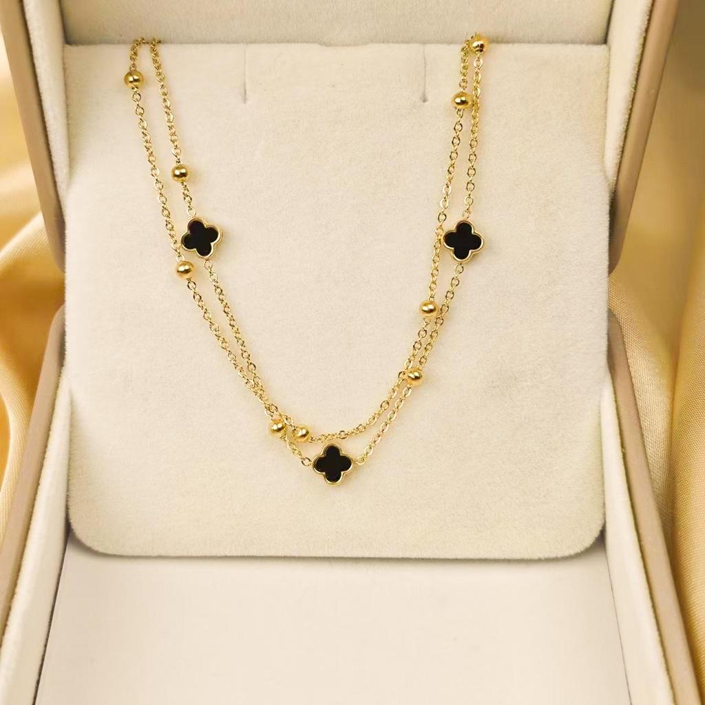 Four-Leaf Clover Double-Layer Titanium Steel Bracelet - Versatile High-End Fashion Jewelry