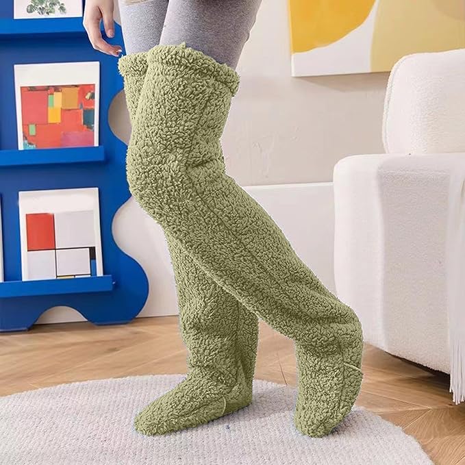 Socken über dem Knie, flauschige Plüsch-Slipper-Strümpfe, pelzige lange Beinwärmer, Winterschlafen zu Hause