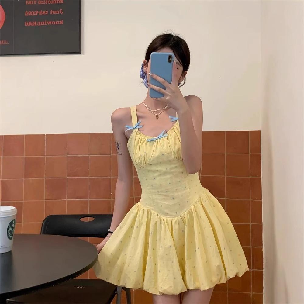 Pastel Yellow Tiny Polka Dot Spaghetti Strap Mini Dress, Sweet Blue Bow Bust Gathered Waist Fluffy Bubble Hem Summer Sundress