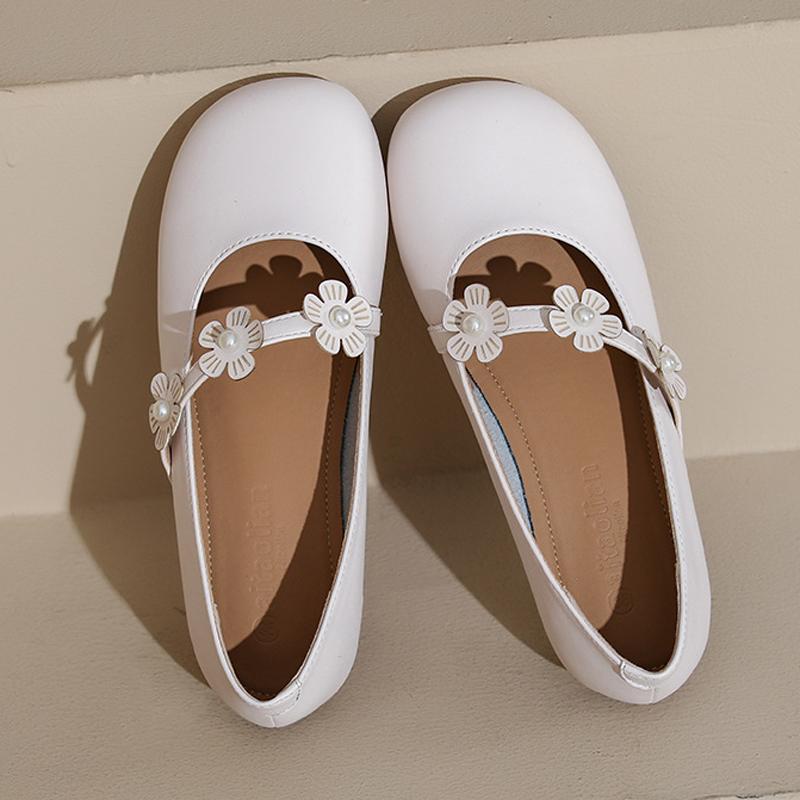 Fashion Elegant Womens Cow Leather Flats Shoes Soft Soled Square Toe Ballets Ladies Office Work Barefoot Loafers Floral Strap Mary Janes