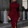High Neck Pleated Long Sleeve Slim Fit Hip Wrap Dress Split Ends and Thin Temperament Women's Dress
