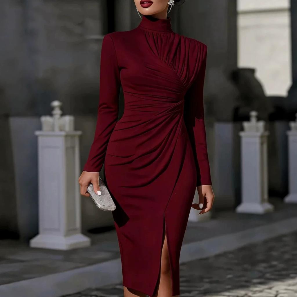 High Neck Pleated Long Sleeve Slim Fit Hip Wrap Dress Split Ends and Thin Temperament Women's Dress