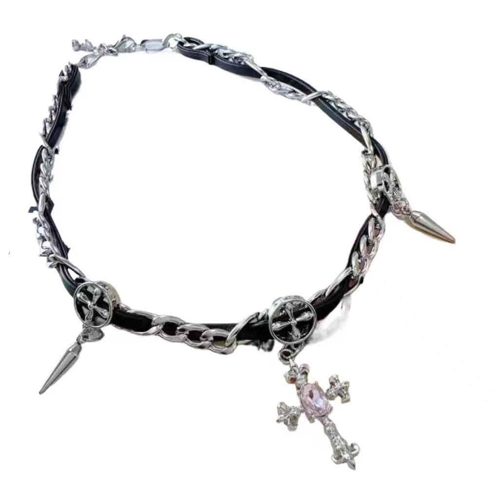 Trendy Cross Rhinestone Choker Necklace And Bracelet Set For Women Punk Style Gothic