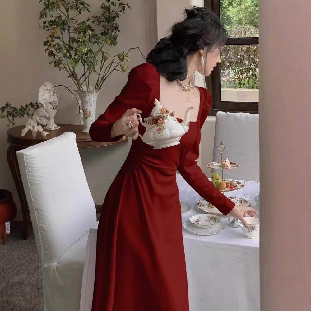 Red Long-sleeved Dress Women's Autumn French Engagement Dress Bridal Toasting Clothes Can Usually Wear Red Skirt Long Dress