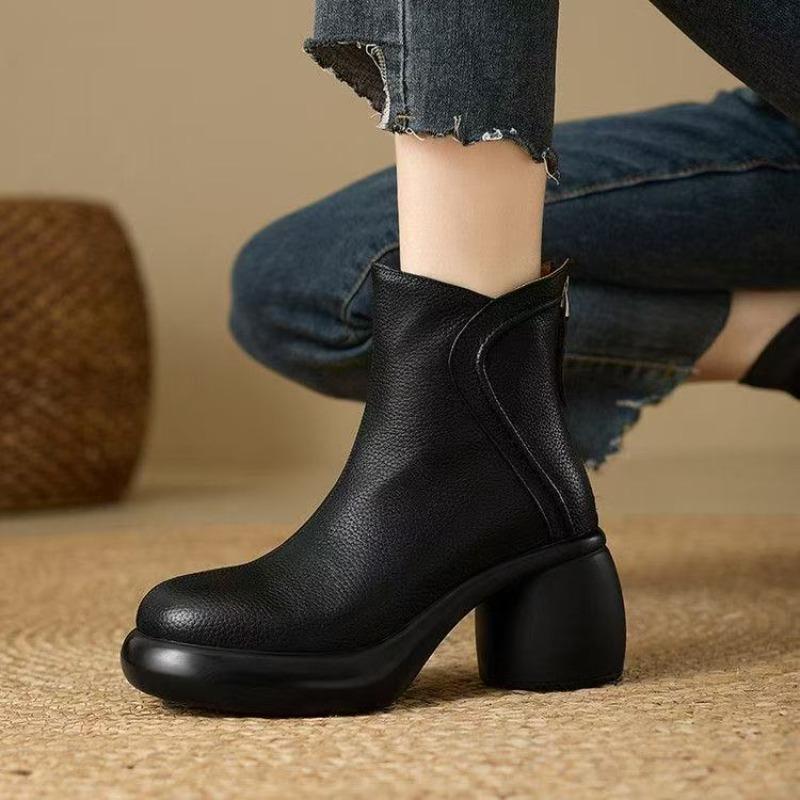 Brown round head short boots women's soft leather new thick-soled autumn and winter velvet rear zipper muffin bottom Martin boots thick heel