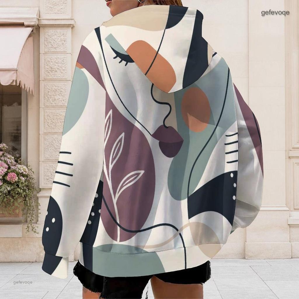 Women Plus Size Zip Up Long Sleeve Printed Hoodie With Drawstring And Pockets