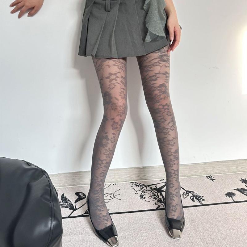 Vintage Patterned Sheer Pantyhose Stockings for Women French Style Flower Jacquard Silk Tights Thin Leggings Hosiery