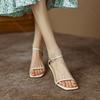 Fashion Ankle Strap Middle Heeled Sandals Women Fashion Pu Leather Square Toe Sandales Woman Summer Buckle Party Pumps Shoes Female