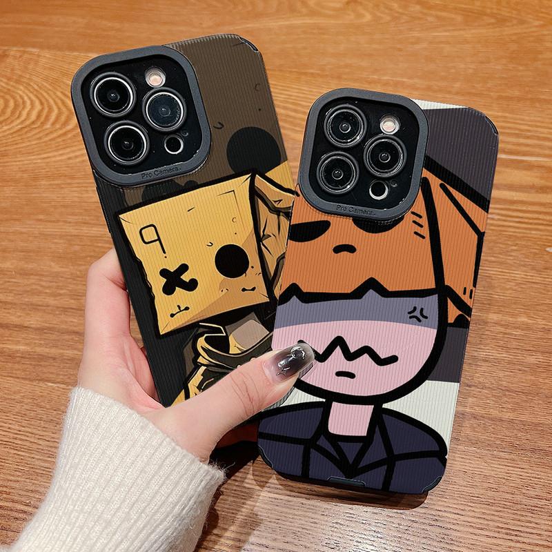 Vertical Grain Leather Shell Box Boy Printed Patterned Shockproof Soft Silicone Case with Camera Lens Full Protection for iPhone