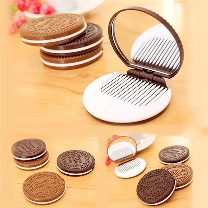 1 Pcs Chocolate Biscuit Mini Pocket Mirror With Comb Prinss Portable Biscuit Shape Makeup Folding Mirror With Comb