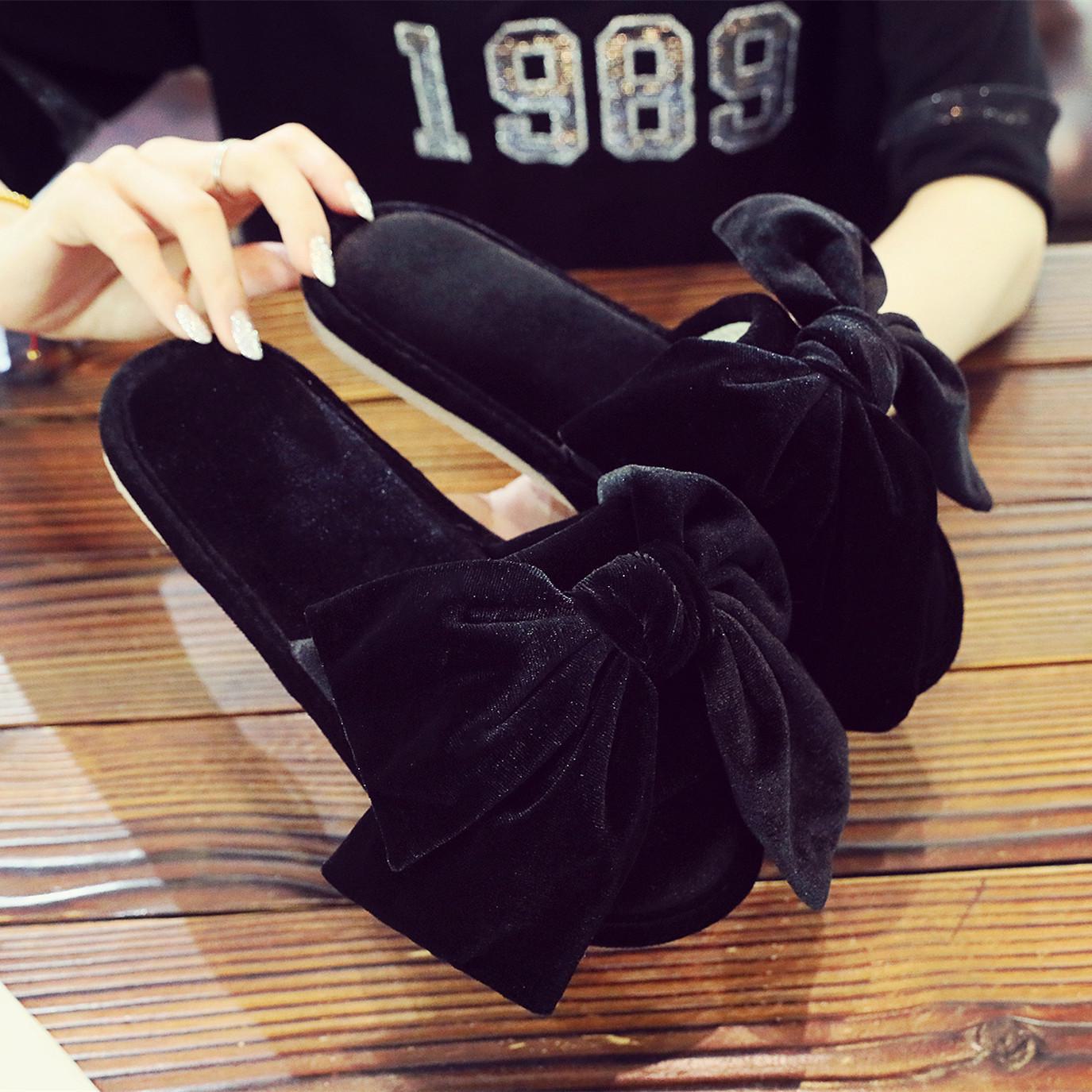 

Корейские замшевые тапочки с бантом из золотистого бархата, нескользящие для дома и улицы, для женщин, Four Seasons bow, 39-40 [Standard size]