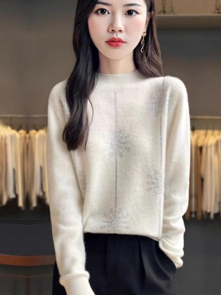 Autumn Winter Heavy Duty Rhinestone Velvet One-Piece High Collar Knit Pullover Sweater