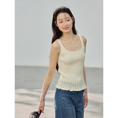 [] Korean Summer New Product Hem Hollow Knitted Crew Neck Vest Commuter Daily Top Women BN