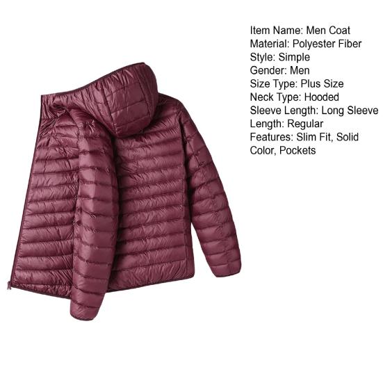 Men Winter Cotton Coat Hooded Long Sleeve Solid Color Lightweight Cotton Jacket with Pockets Cold Weather Outerwear