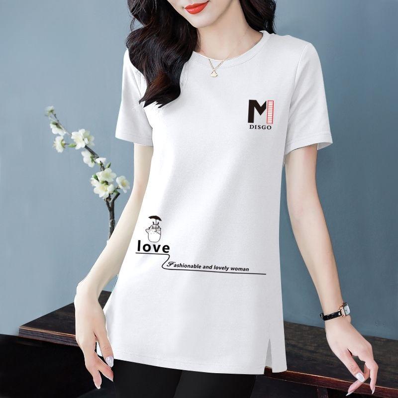 100% Cotton T-Shirt Casual Fashion New Loose Round Neck Ins Style Split Top