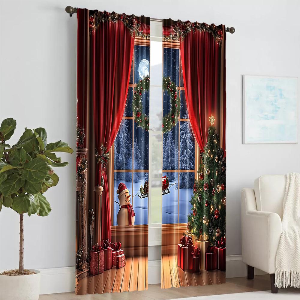 2Pcs Christmas Tree Design Window Curtains Polyester Material Drapes For Bedroom Living Room Office Rod Pocket Machine Washable