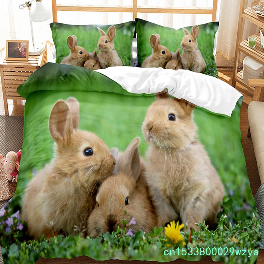 Cute Rabbit Duvet Cover Set Animals Polyester Comforter Cover King Queen Size For Kids Boys Girls Bedding Set With Pillowcase