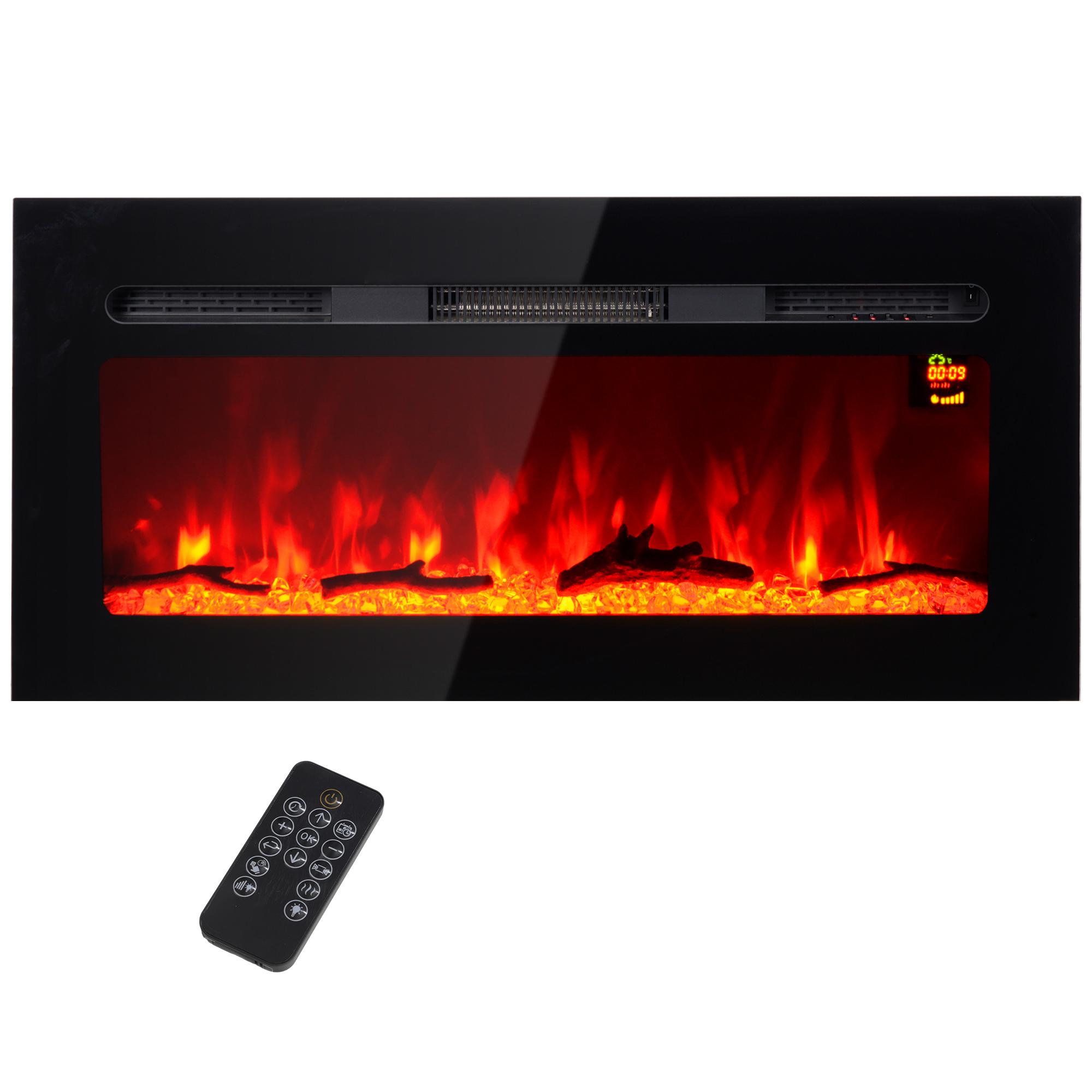 Cheminée Électrique Avec Support Mural Et Télécommande Bûches Artificielles Et Cristaux Puissance 1800W Noir
