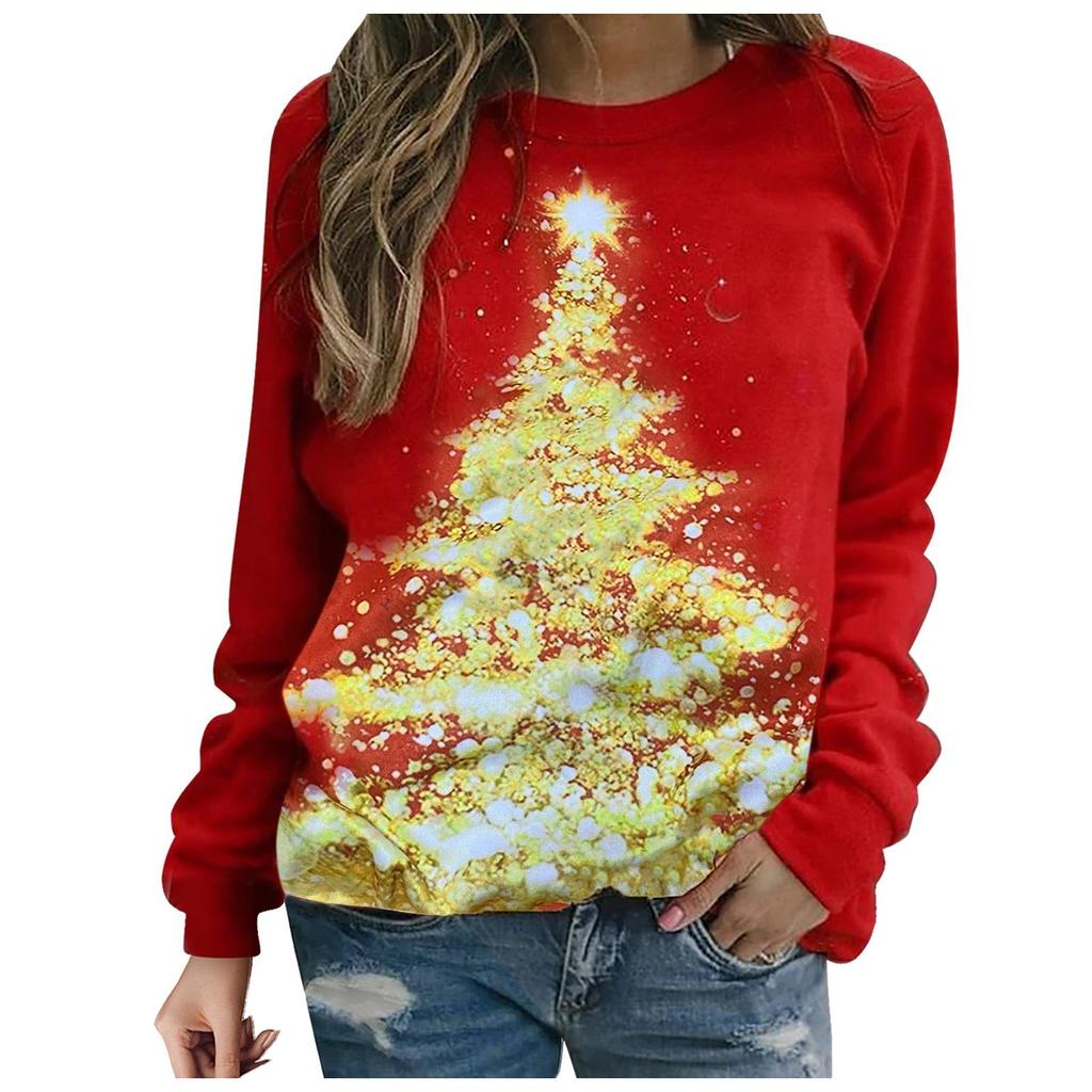 Christmas Style Sweatshirt Print Women Fashion Casual Long-Sleeved Printed Round Neck Sweatshirt Top Loose Comfortable Festival