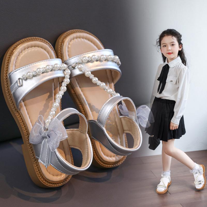 Mädchen Sandalen Offene Zehen mit Süßen Perlen Kinder Strandschuhe Offene Zehen Rutschfest 2025 Sommer Neu Kinder Prinzessin Schuhe Spitze Schleifen