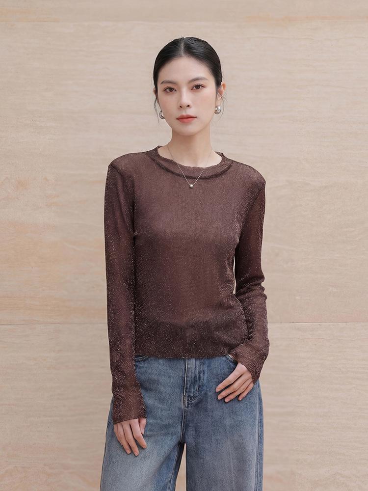 Feiyuan Women's Semi-Sheer Long-Sleeve Top, Solid Color, Versatile Sexy Base Layer, Tummy Concealer, Spring 2026 Arrival