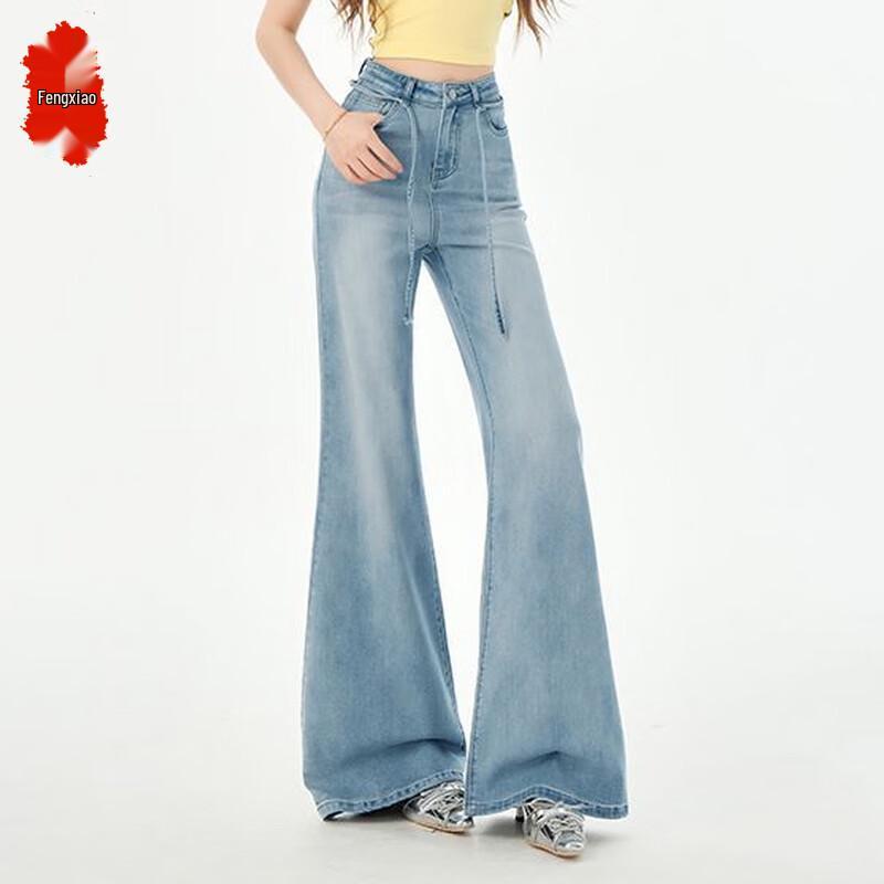

Fengxiao Women s High-Waisted Light Blue Cropped Bootcut Jeans XS