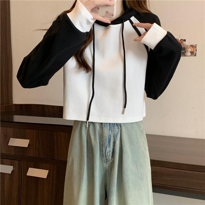 

Реальный цвет, сочетающийся с капюшоном, маленький короткий хлопковый свитер, женский тонкий дизайн, топ с длинным рукавом 2XL белый