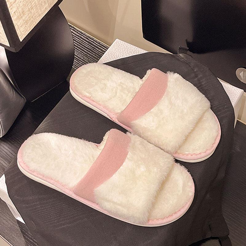 Fashion New Flat Bottom Furry Slippers Warm Home Room Plush Cotton Slides for Women Casual Soft Sole Autumn Winter Open Toe Pantoffels