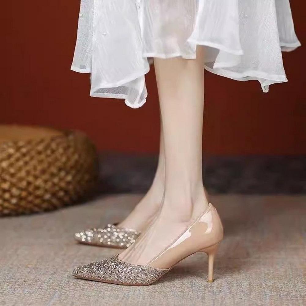 FHC 2025 New Sequince Cloth Spring Office Work Shoes,Women Pumps,High Heels.Pointed Toe,Slip On,Black,Champagne,34-40,Dropship