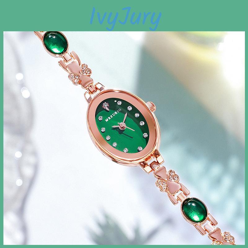 Elegant Ladies Watch With Green Gemstone Dial Quartz Movement For Casual Wear