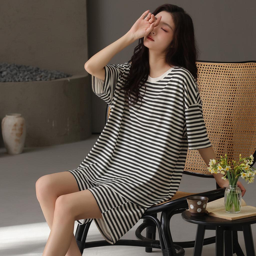 Black and white striped cool pajamas women's summer thin modal short-sleeved shorts casual wear loungewear suit