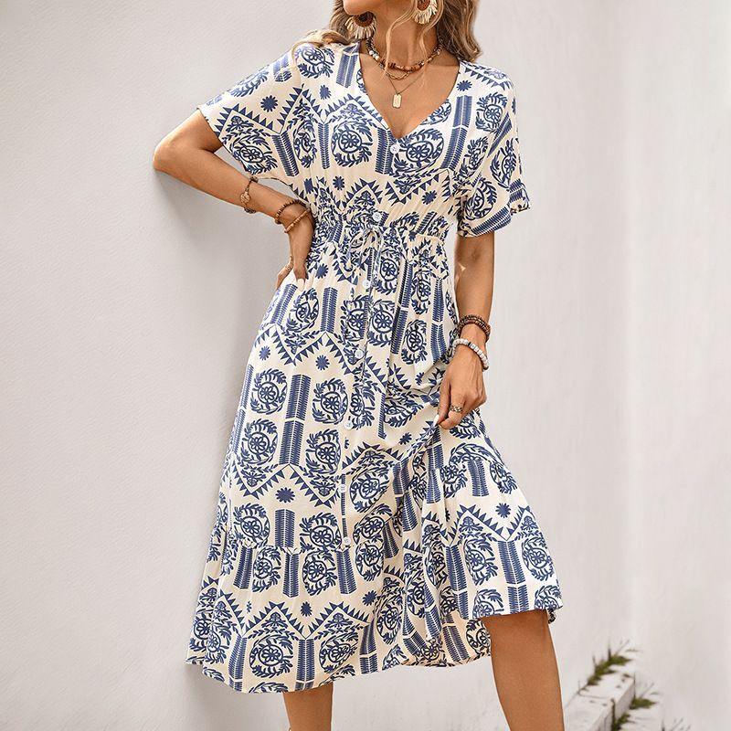 

Summer New Casual A- line Skirt European and American Ethnic Style Print Dress Blue S